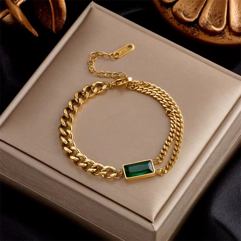 Green Bracelet - Emerald Rhinestone Gold Chain Bracelet | Bend the Trend