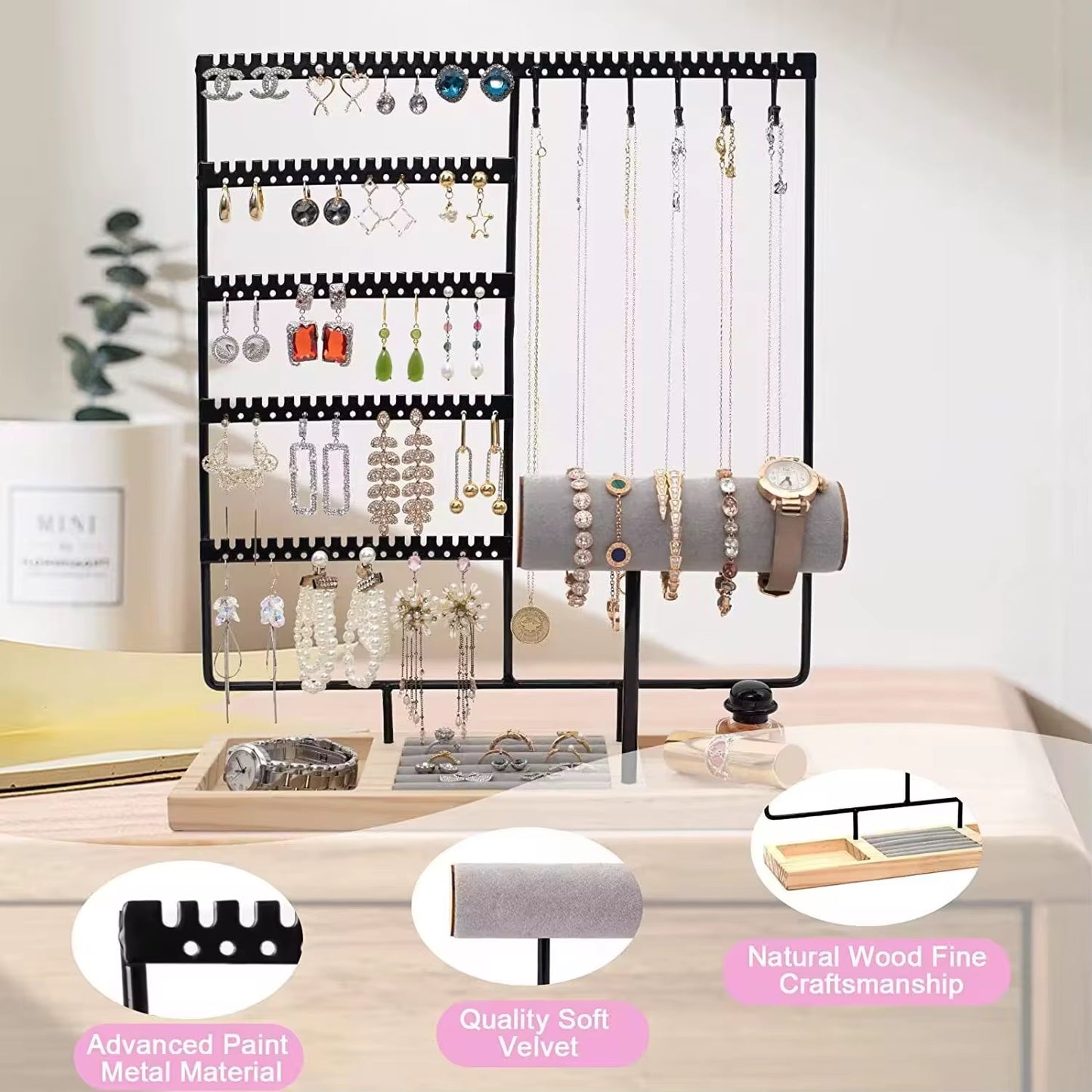 Velvet Luxe Jewelry Organizer Stand 108 hole Jewelry Container and Rack storage