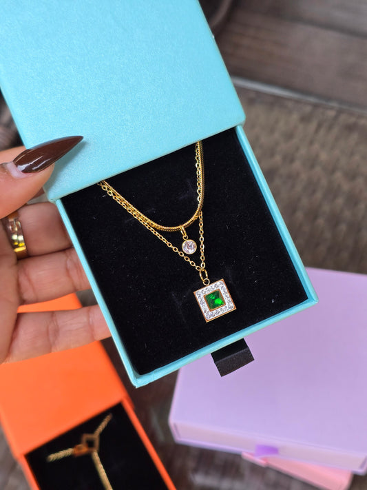 Emerald Green Square Pendant Multi-Layered Gold Stainless Steel Necklace