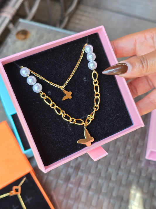 Butterfly & Pearl Layered Gold Stainless Steel Necklace – Elegant Double Chain