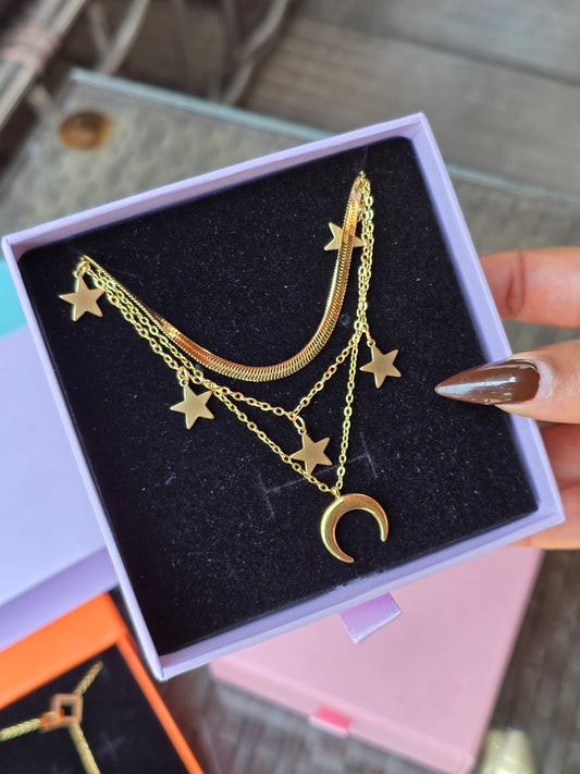 Celestial Gold Stainless Steel Multi-Layered Necklace – Stars & Crescent Moon