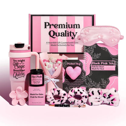 Luxury Self-Care Gift Box for Women – Pink Gift Hamper with 40oz Tumbler, Scented Candle, Notebook, Sleep Mask & Spa Accessories