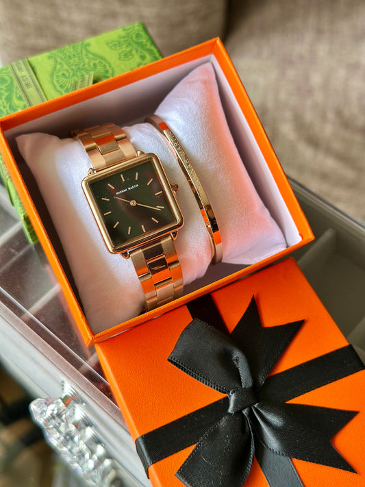 Hannah Martin Luxe Square Dial Women’s Watch & Bracelet Set – Rose Gold Stainless Steel