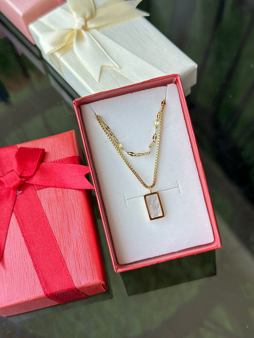 Chain Necklace pendant Multilayered. Gold Layered Mother-of-Pearl Rectangle Pendant Necklace