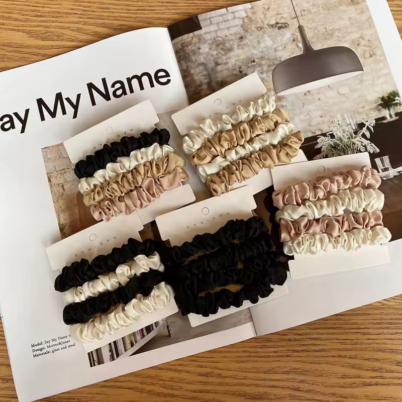 Hair Tie Scrunchie 4 piece Set. Luxe Satin Ruched Scrunchie Set – Neutral Edition hair Band