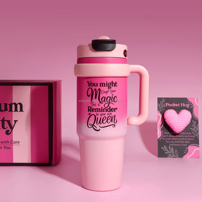 Luxury Self-Care Gift Box for Women – Pink Gift Hamper with 40oz Tumbler, Scented Candle, Notebook, Sleep Mask & Spa Accessories