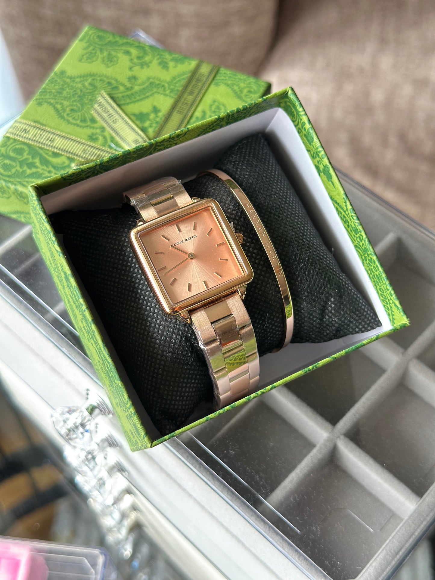 Hannah Martin Luxe Square Dial Women’s Watch & Bracelet Set – Rose Gold Stainless Steel