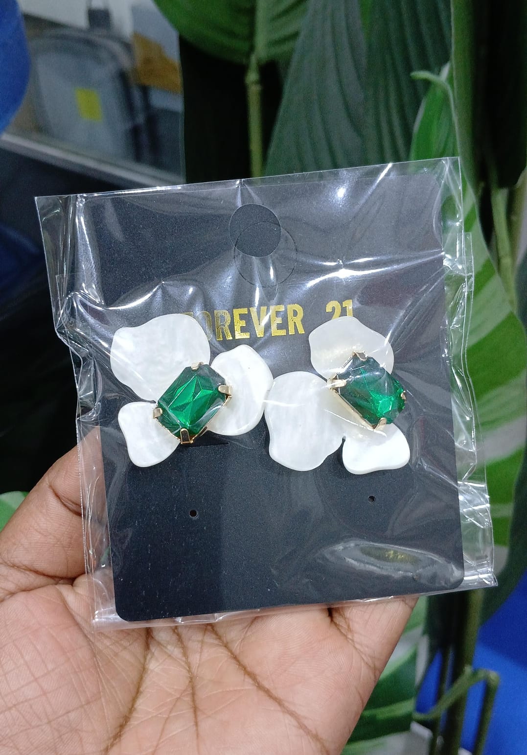 Earrings - White Flower Green Rhinestone Studs | Bend the Trend