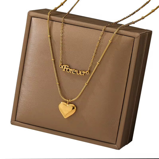 Forever Heart Layered Necklace Set – 18K Gold-Plated, Stainless Steel, Hypoallergenic