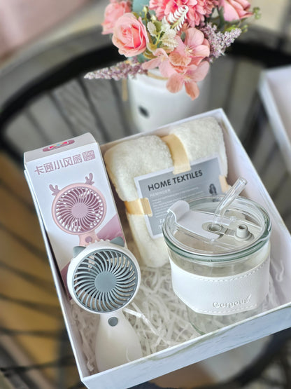 Gift Set 💙 Cloud Nine Care Box Valentines Galentines Fan Towel tumbler.Blush box.Comfort essentials blush box
