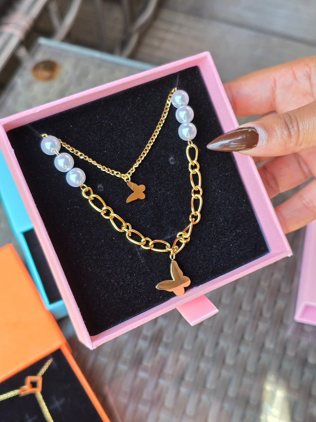 Butterfly & Pearl Layered Gold Stainless Steel Necklace – Elegant Double Chain